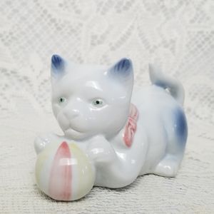 Vintage Glazed Porcelain Playful Cat Figurine With Ball Made in China Decor